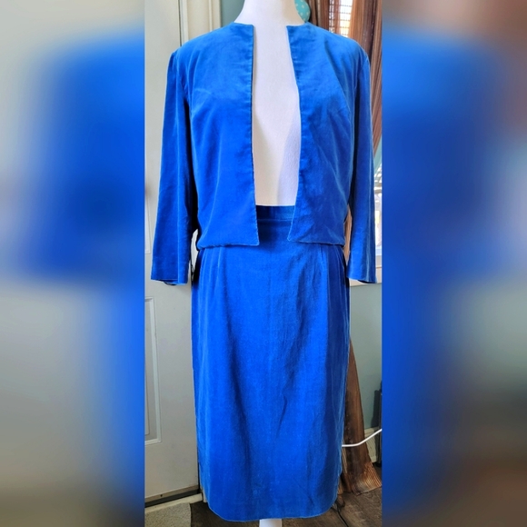 1950s Midi Skirt & Bolero Suit Set Womens XS Colbat Blue Velvet Cotton Vintage
